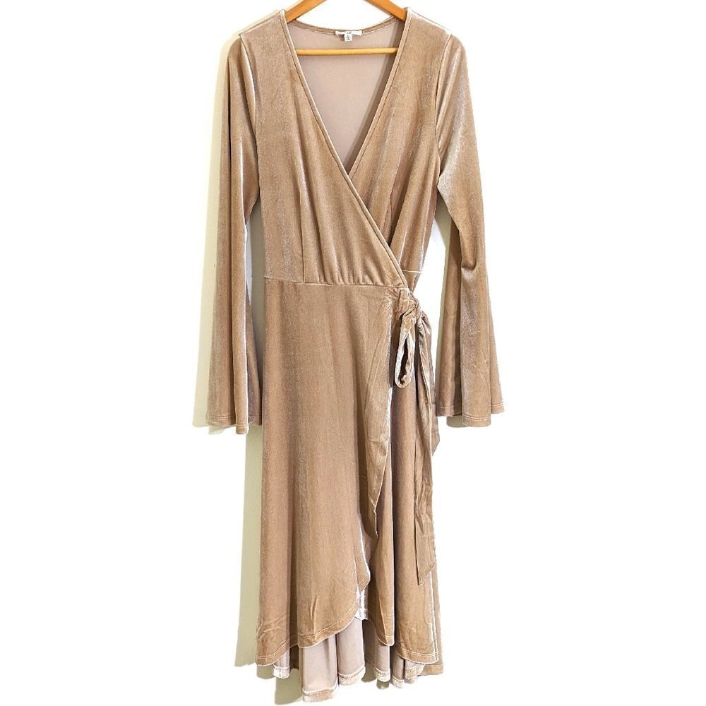 Easel V Neck Velvet Split Wrap Dress Long Bell Sleeve Champagne Color Size L
